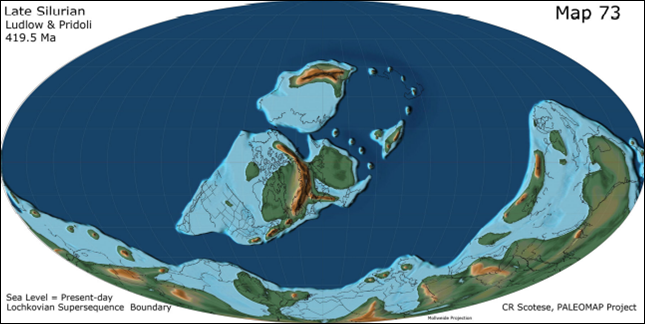 Reconstruction of the distribution of continents during the Late Silurian, about 419 million years ago.